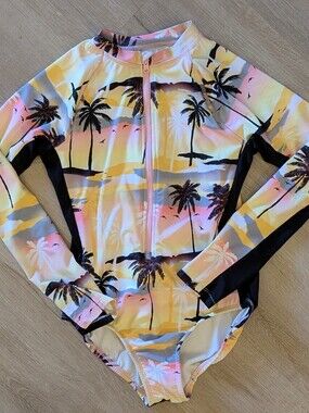 Wonder Nation Girls Rash Guard Long Sleeve One Piece Hawaiian Swim Suit 10-12